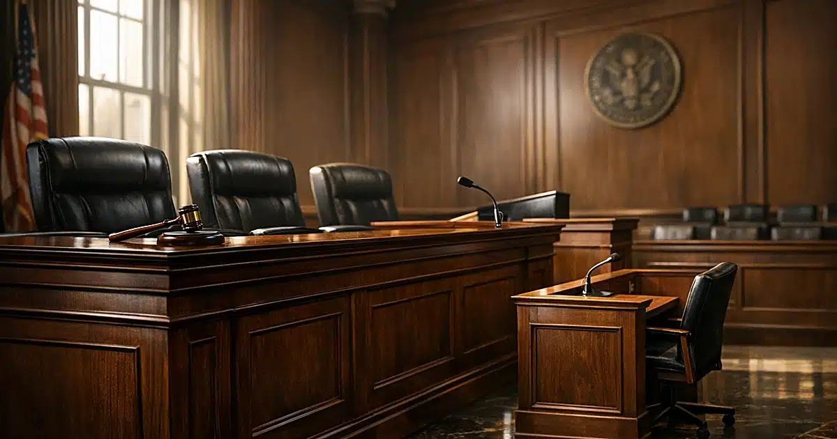 Empty federal courtroom with judicial bench and natural window light casting dramatic shadows across polished floor