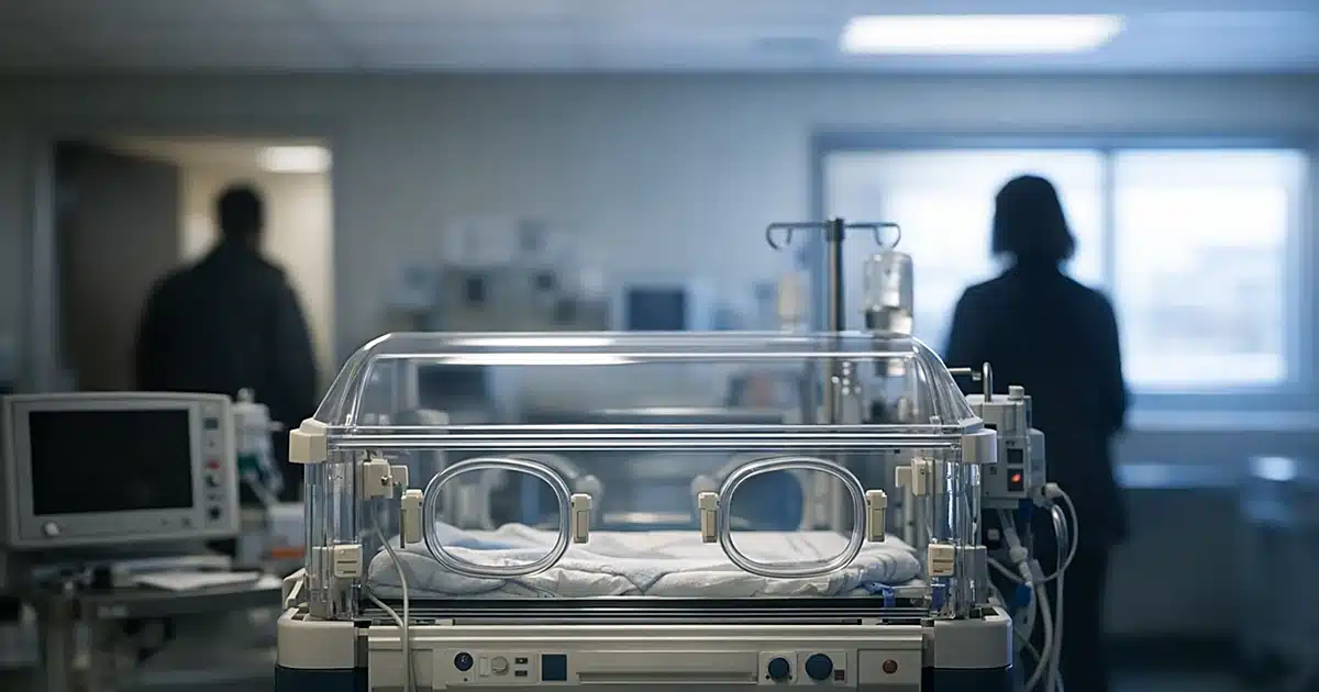 Empty hospital incubator with medical equipment and distant silhouetted figures in clinical nursery setting