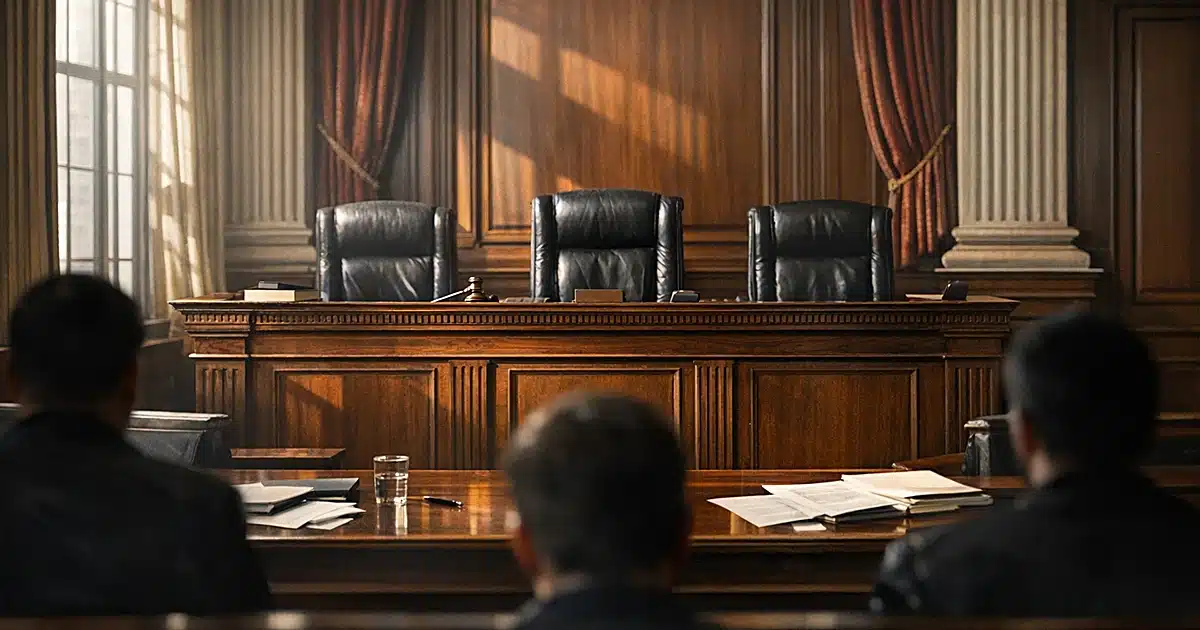 Empty Supreme Court judicial bench with afternoon light casting shadows across mahogany surfaces and vacant chairs