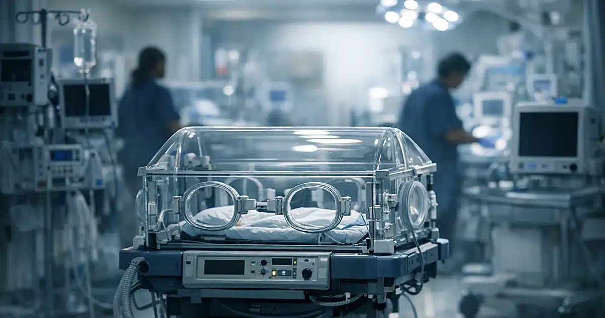 Empty neonatal incubator in hospital intensive care unit with medical equipment and silhouetted staff in background