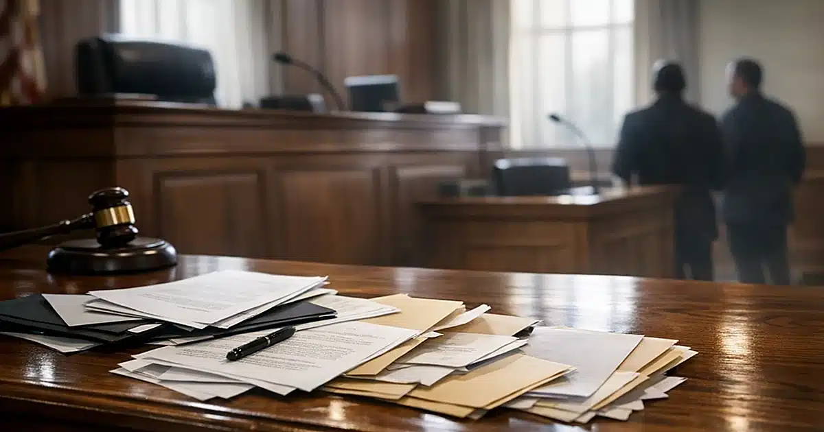 Empty courtroom judge's bench with scattered legal documents and folders on polished wood surface
