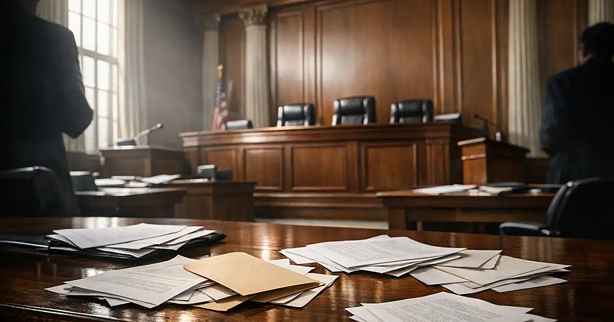 Empty federal courtroom with judicial bench and scattered legal documents on tables in dramatic window light