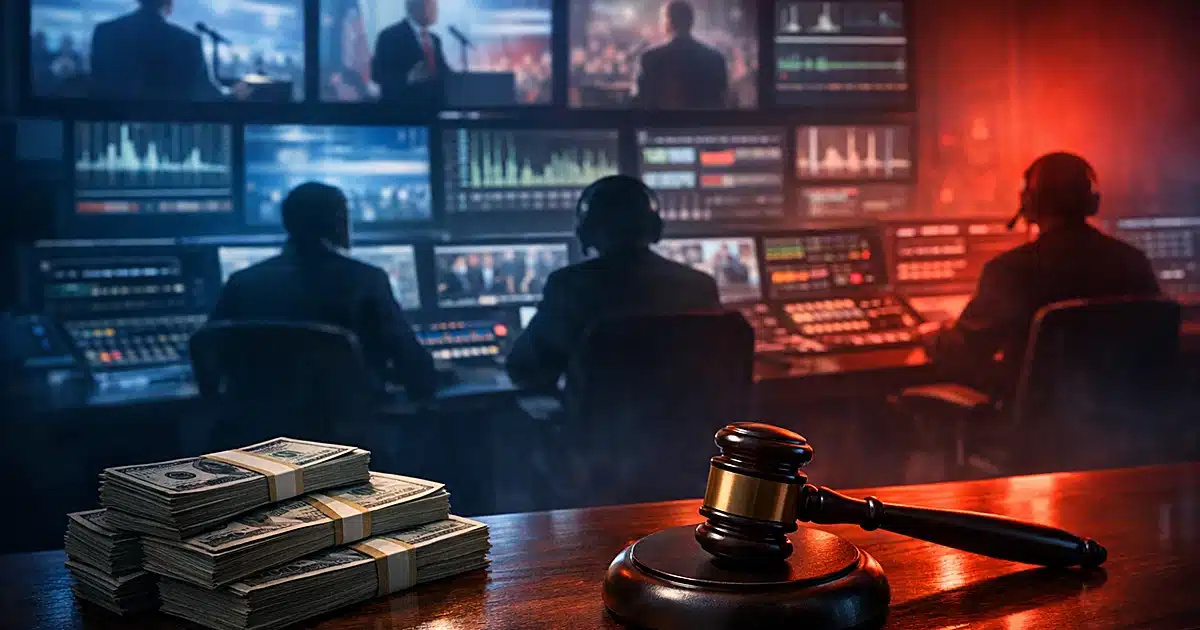 Overhead view of TV control room with money, gavel, and silhouetted workers at monitors showing broadcast signals