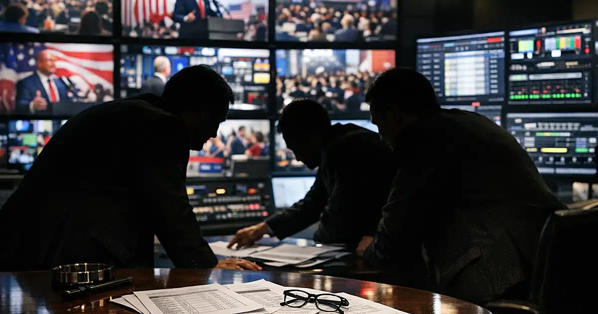 Television studio control room with monitors and silhouetted figures reviewing broadcast advertising documents