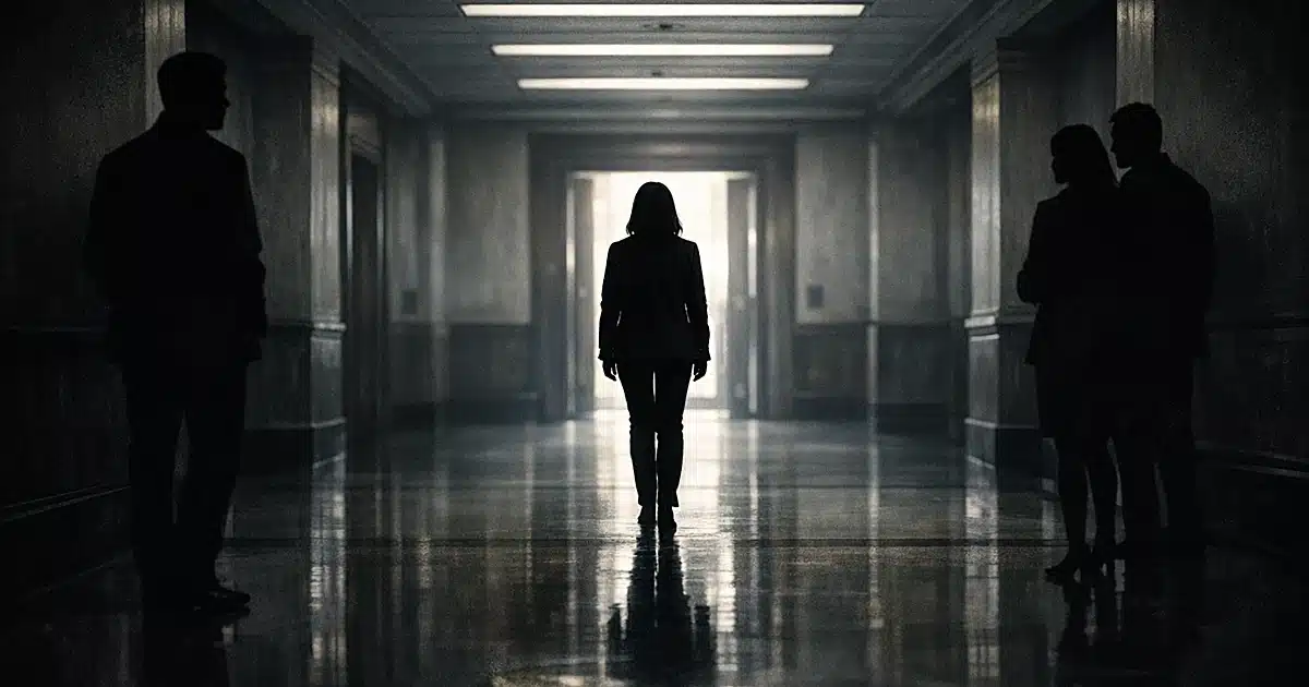 Silhouetted figures stand separately in a courthouse hallway, representing parties in a custody dispute