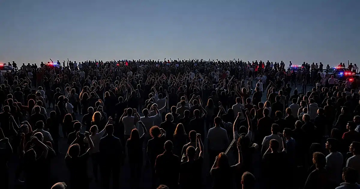 Massive crowd of silhouetted figures filling a plaza at dusk with emergency lights pulsing through the dense gathering