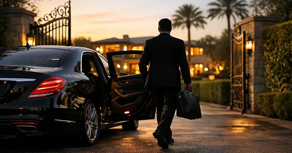 Silhouetted figure exiting luxury car at upscale Brentwood mansion entrance during golden hour