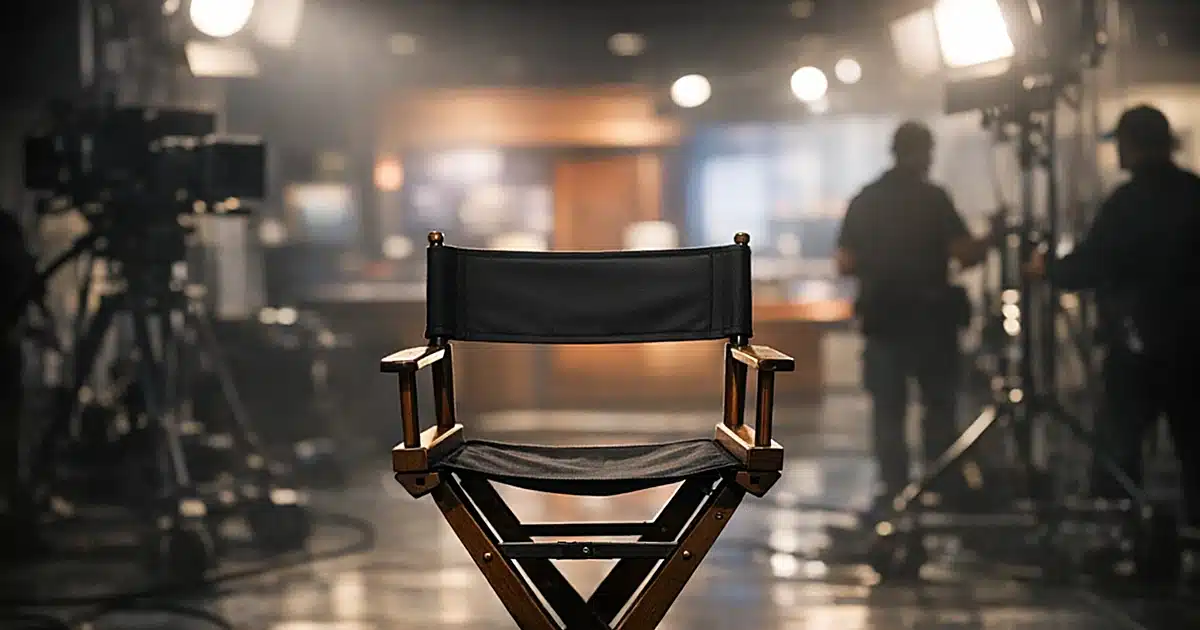 Empty director's chair on television studio set with silhouetted crew members and production equipment in background