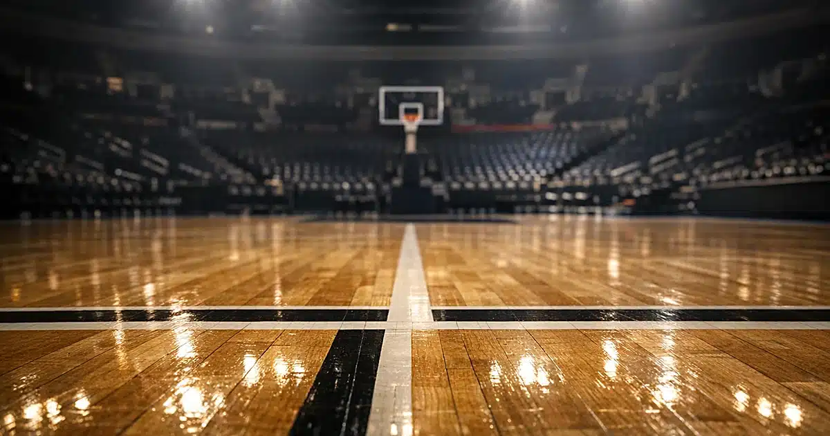 Empty professional basketball court with polished hardwood floor reflecting bright stadium lights overhead