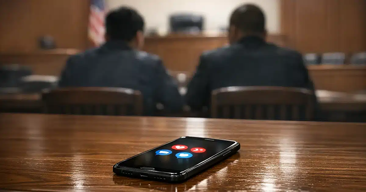 Smartphone with dating app notifications on courtroom table with silhouetted figures in background