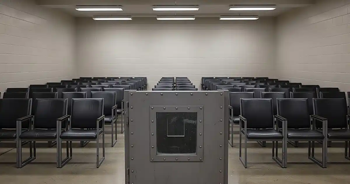 Empty prison execution chamber witness gallery with steel door under fluorescent lighting