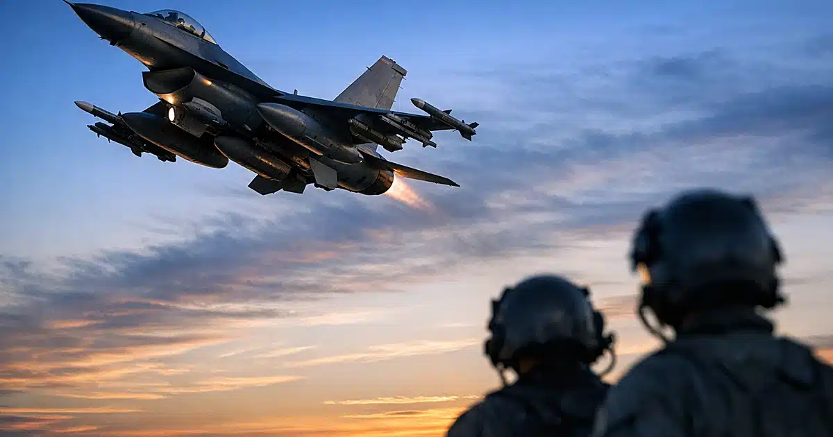 F-16 fighter jet banking against dusk sky during training flight