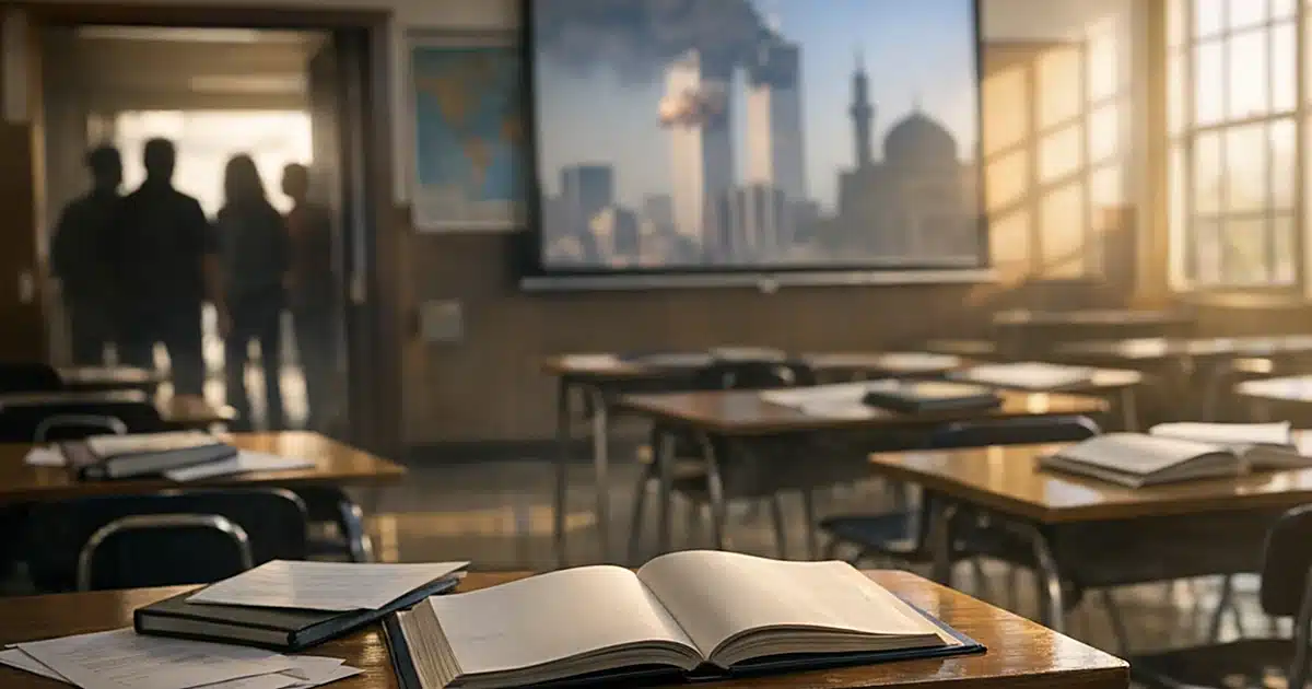 Empty high school classroom with desks and textbooks in warm afternoon light