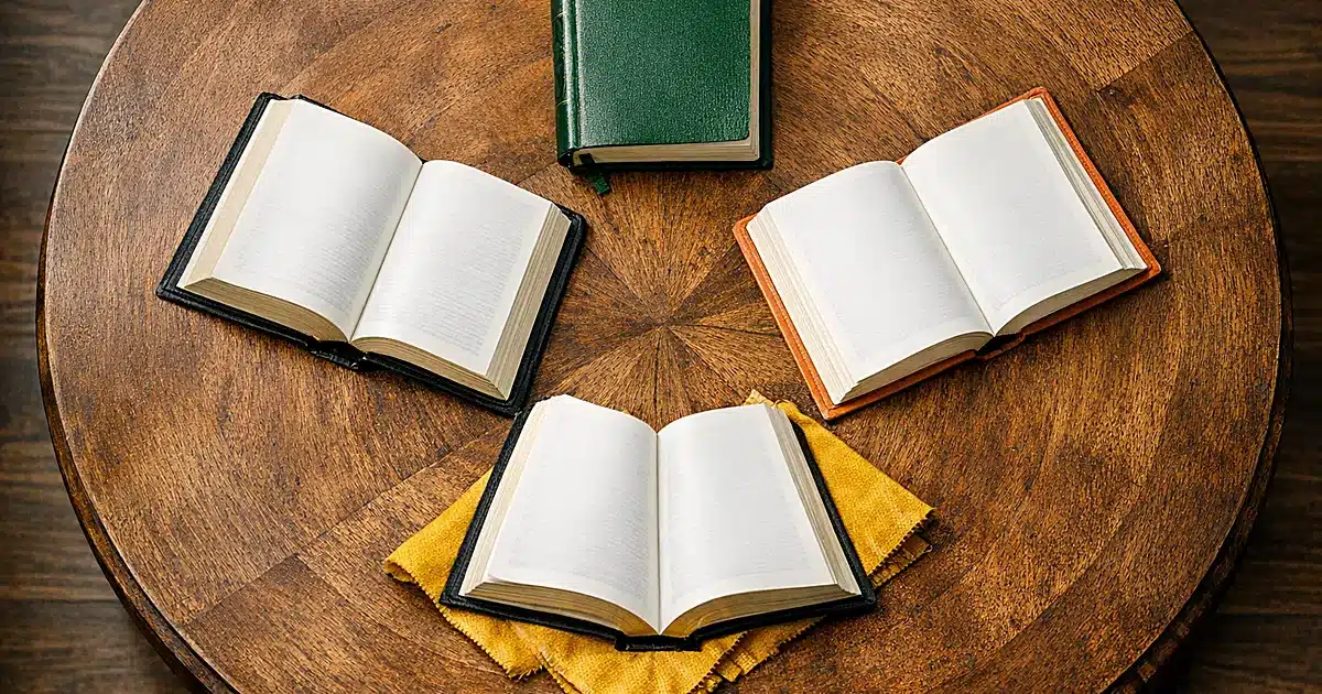 Multiple religious texts arranged in circular spoke pattern on wooden table, photographed from above