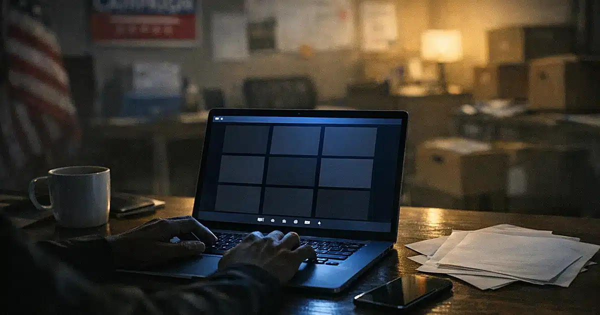 Laptop displaying video call grid on desk with papers in dimly lit campaign office
