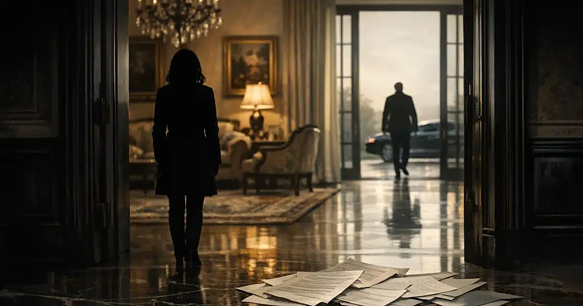Silhouetted woman stands in doorway of lavish mansion as another figure departs, legal papers scattered on floor