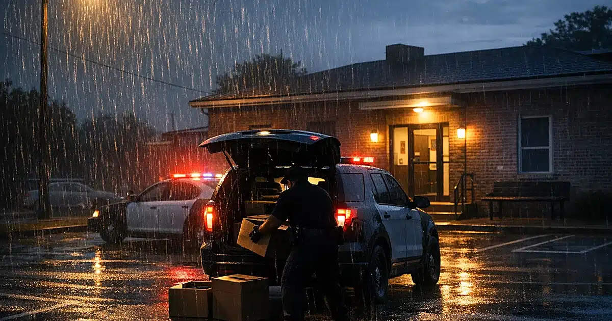 Police officer silhouette removing equipment from patrol car outside small-town station at dusk in rain
