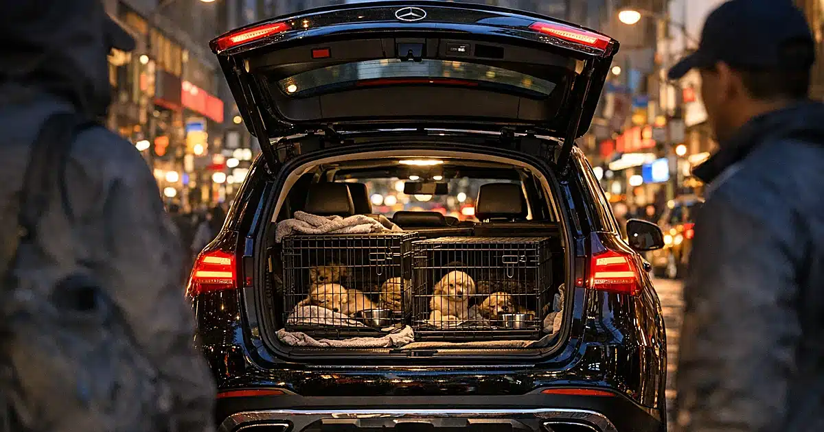 Open trunk of Mercedes SUV with pet crates on Manhattan street at dusk