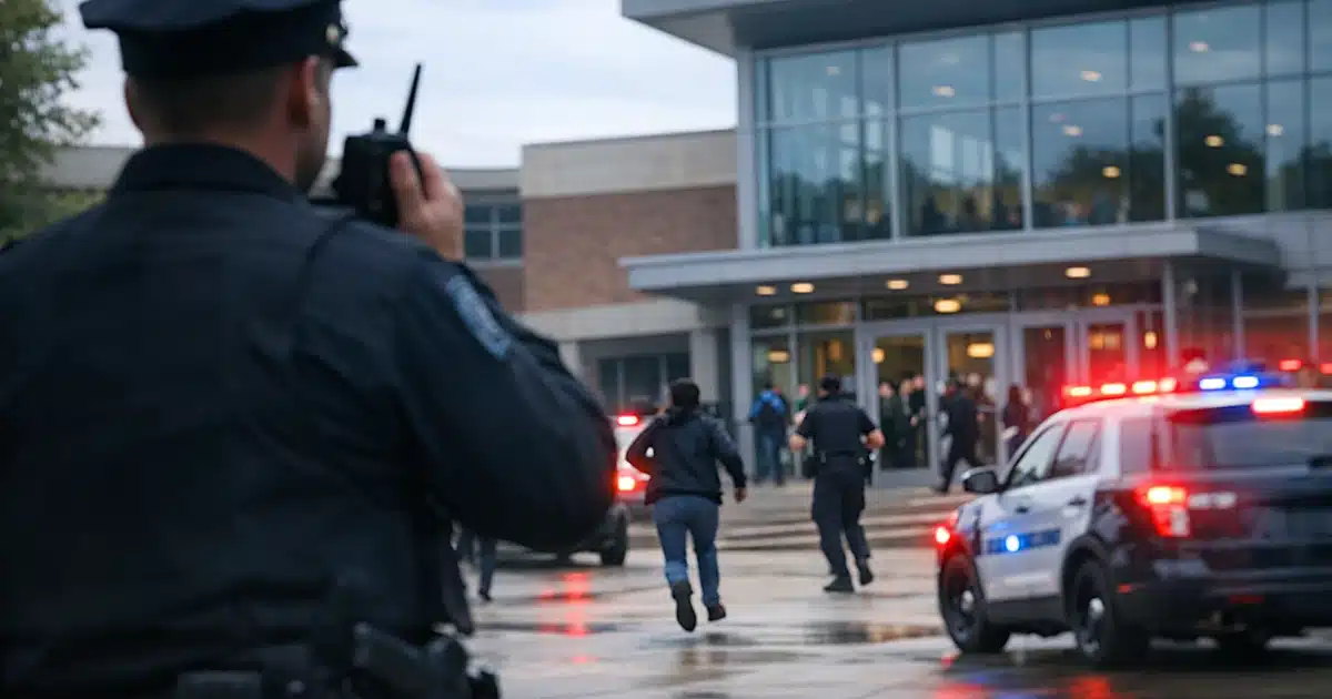 Campus police officer silhouette with radio as emergency lights flash outside modern college student center building