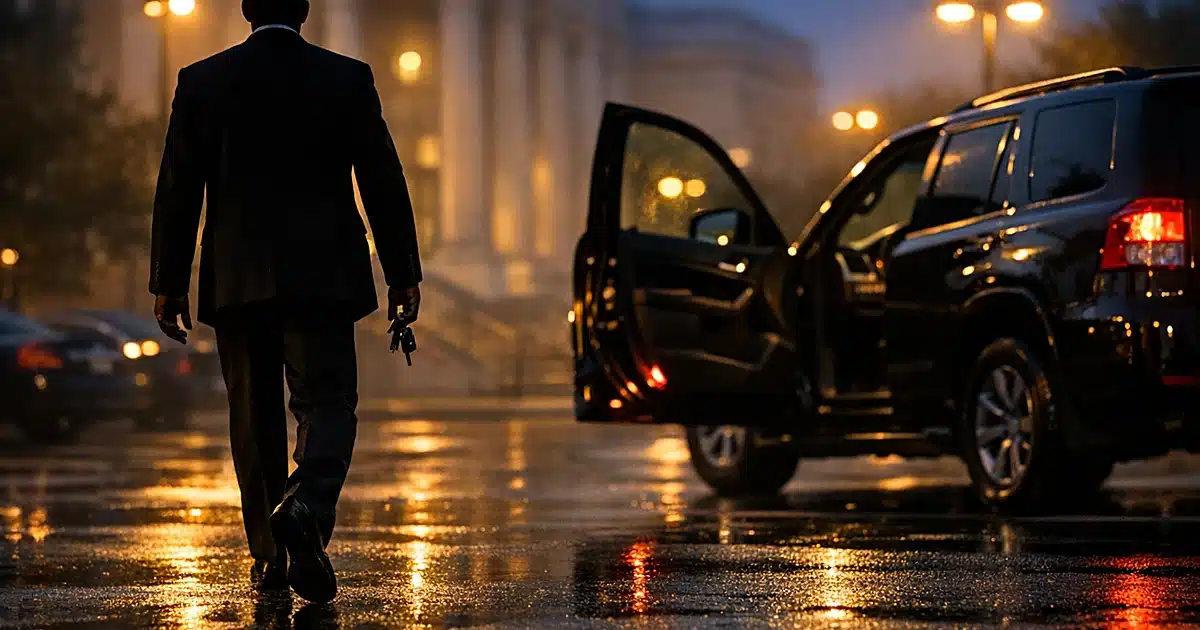 Silhouetted businessman walking toward luxury SUV in courthouse parking lot at dusk