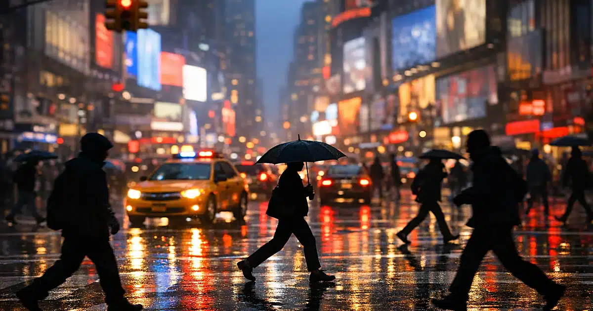 Crowded Times Square intersection at dusk with pedestrian silhouettes crossing wet pavement under city lights