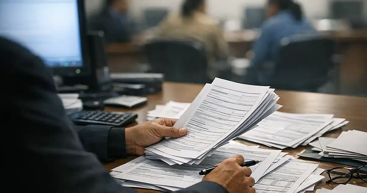 Immigration officer reviewing application documents at government office desk with computer monitor