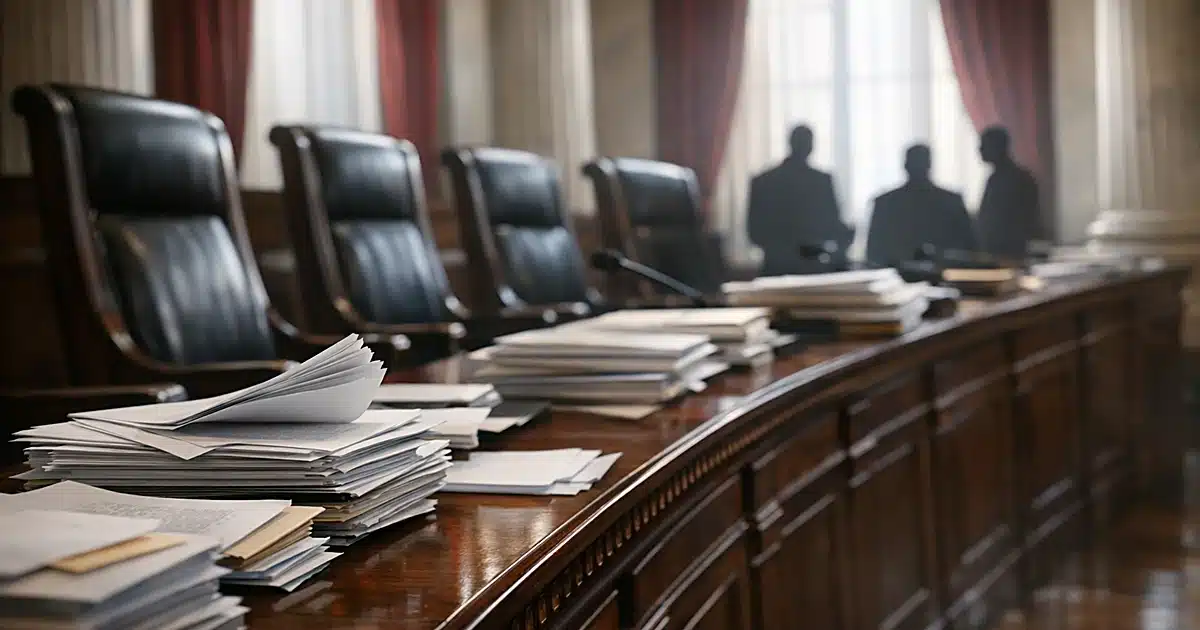 Supreme Court bench with scattered legal documents and empty chairs in natural daylight