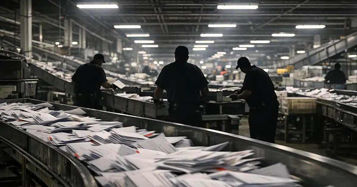 Mail sorting facility with ballot envelopes moving on conveyor belts and silhouetted postal workers processing mail