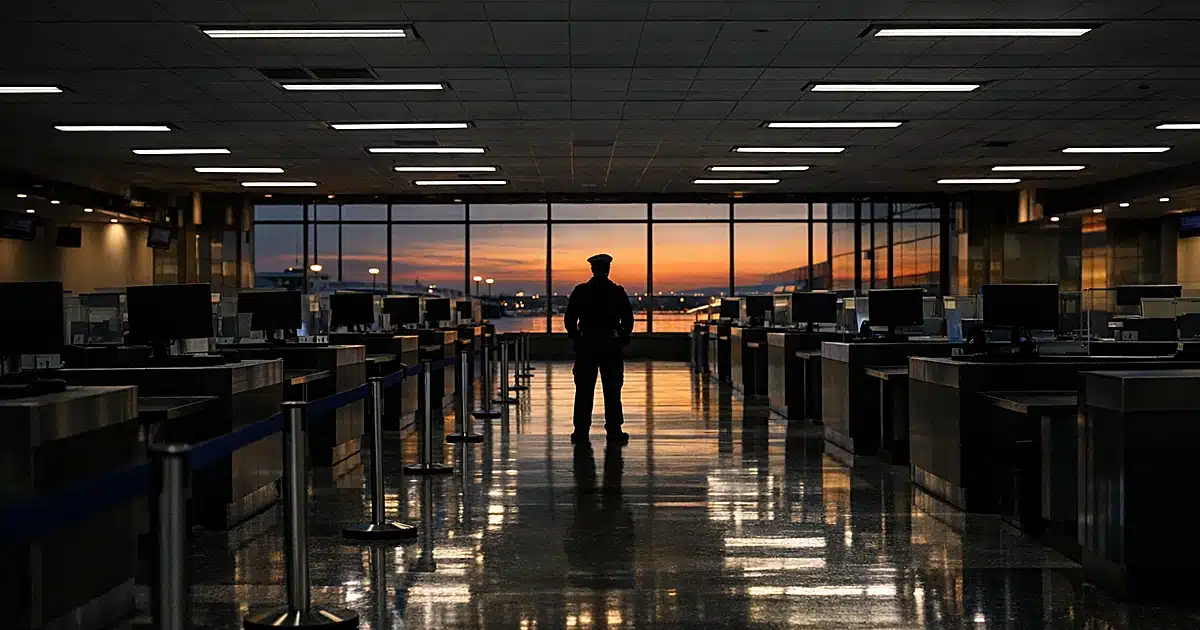 Empty airport immigration hall with abandoned processing booths and single silhouetted official at dusk