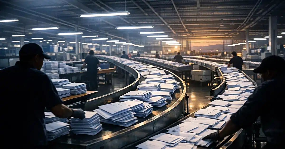 Government mailroom with conveyor belts processing thousands of refund check envelopes