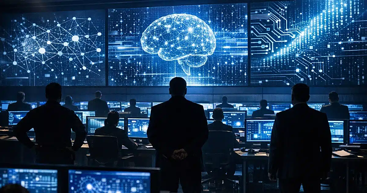 Command center with glowing screens and silhouetted figures monitoring artificial intelligence systems