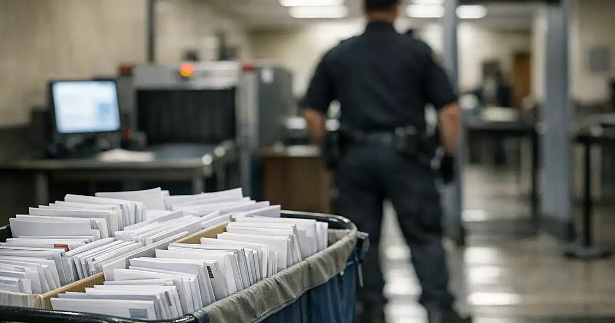 Mail cart with ballot envelopes at federal courthouse security checkpoint with silhouetted guard