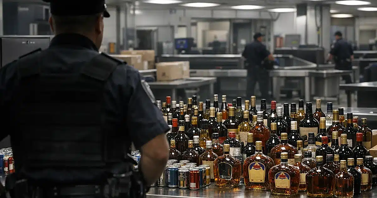 Customs officer silhouette standing before table covered with confiscated Canadian alcohol bottles at border station