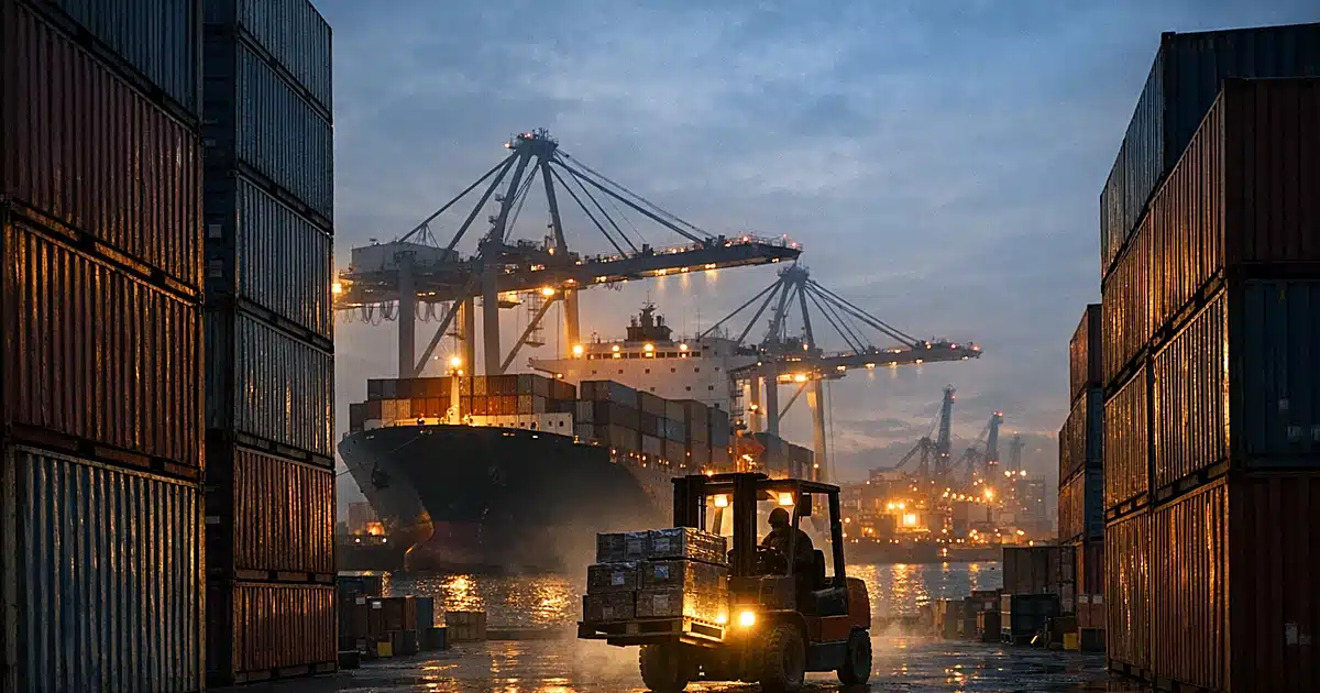 Shipping containers and cargo vessel at commercial port during dusk with forklift headlights in motion