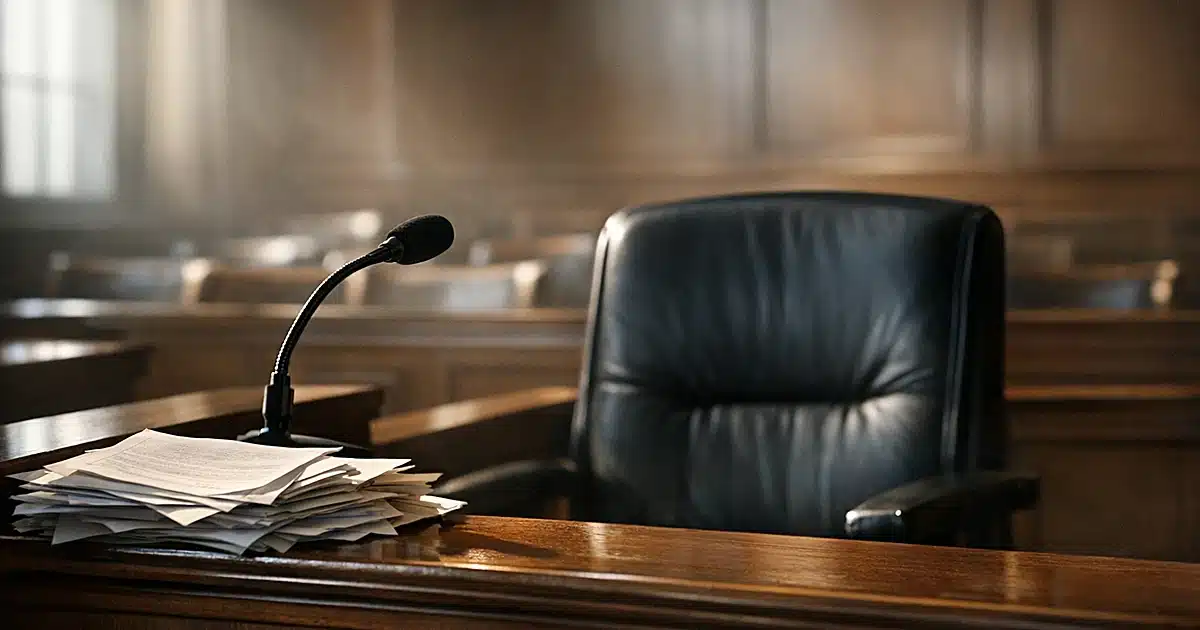 Empty courtroom witness stand with microphone and scattered legal documents under dramatic window lighting