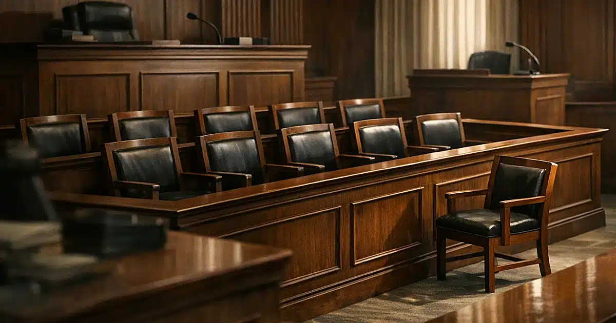 Empty jury box in courtroom with one chair pulled away from the others, dramatic window lighting on wood surfaces