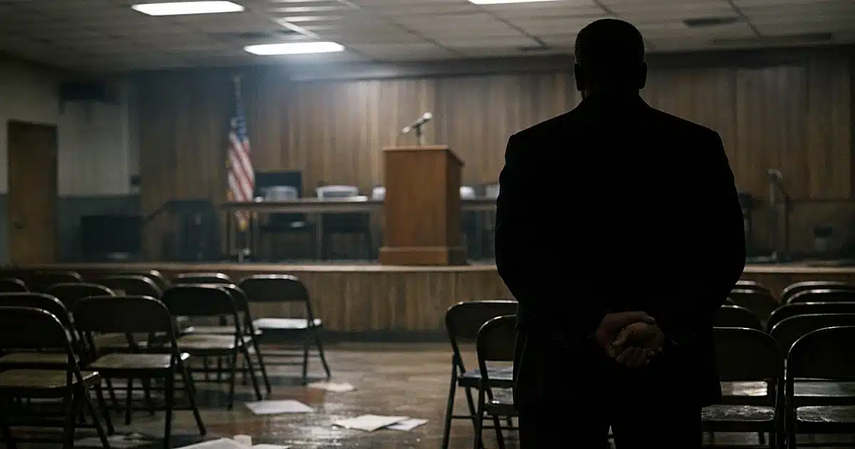 Empty union hall with silhouetted figure facing podium and rows of vacant chairs in dim fluorescent lighting