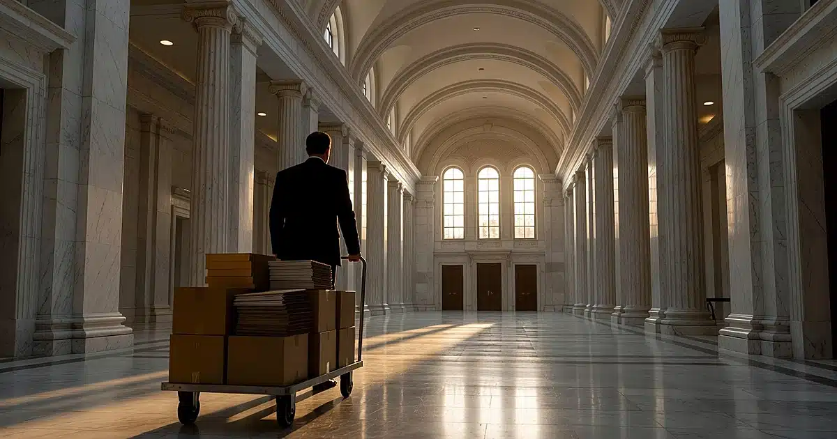 Silhouetted figure pushing cart of boxes through vast federal building interior with marble columns at dusk