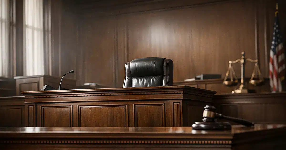 Empty state courthouse interior with judge's bench and witness stand in natural window light