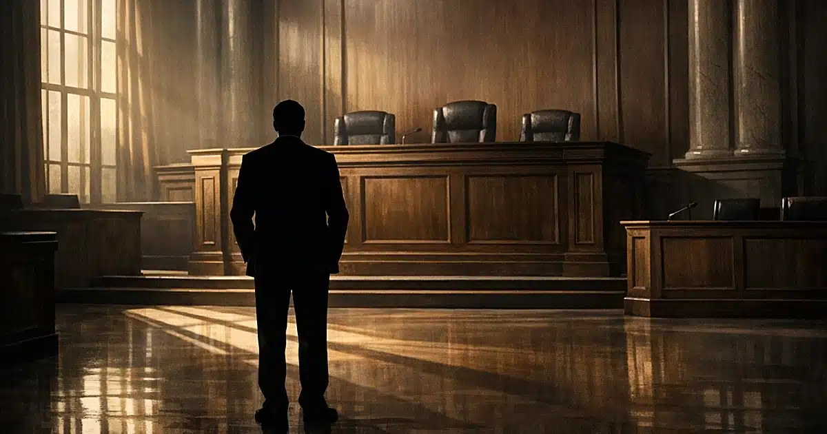 Silhouetted attorney standing alone before empty courtroom bench with dramatic window light in state courthouse