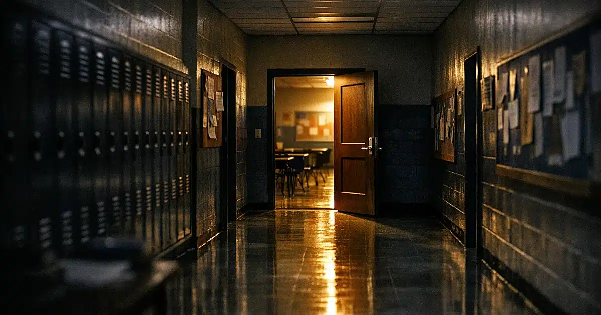 Empty elementary school hallway with classroom door ajar, dim lighting creating shadows along corridor