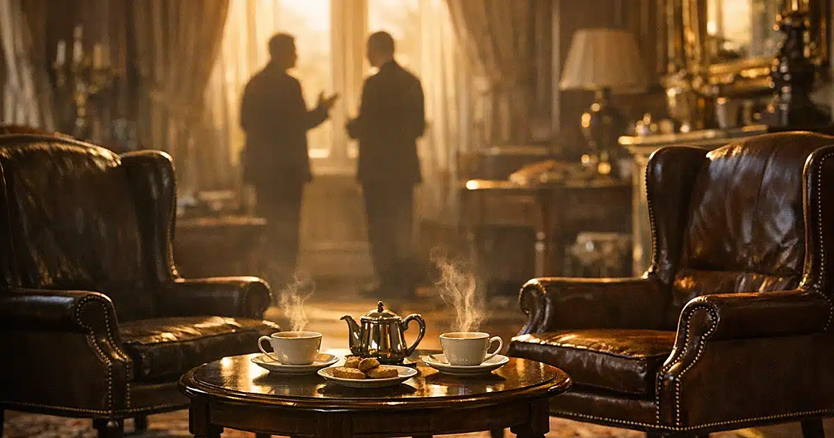 Empty ornate drawing room with two chairs facing each other across tea table in afternoon light