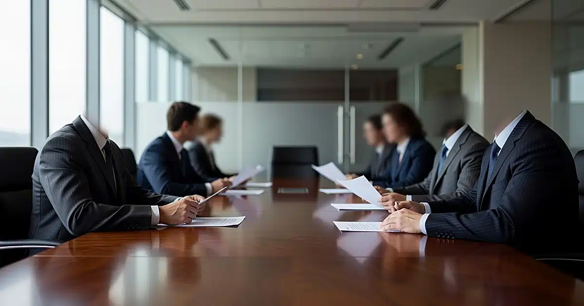 Silhouetted executives seated around boardroom table with blank documents in natural window light
