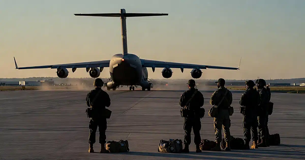 Silhouetted soldiers watching military transport aircraft depart at dusk on air base tarmac
