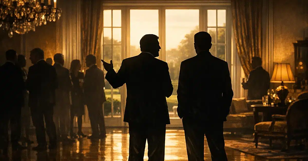 Silhouetted figures in formal diplomatic residence, one gesturing while speaking to another during reception