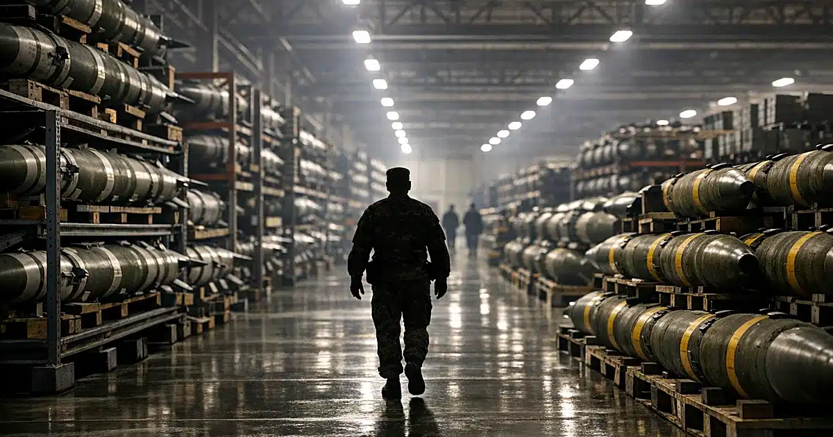 Wide view of military warehouse with rows of missiles and ordnance, silhouetted figure walking between storage racks