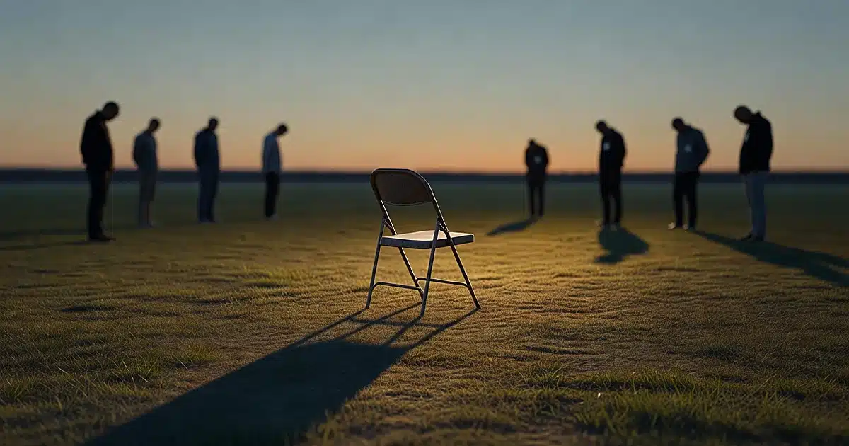 Empty chair on grass at dusk with silhouetted figures in background, symbolizing loss and remembrance