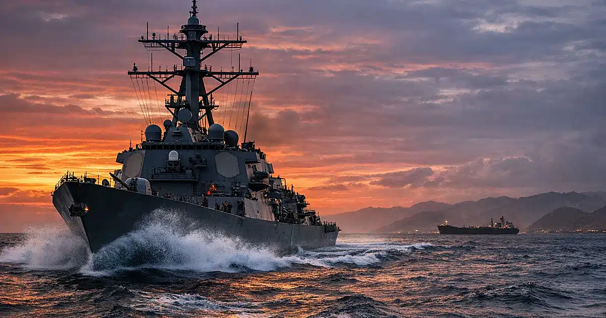 U.S. Navy destroyer moving through ocean waters at dusk with dramatic sky in background