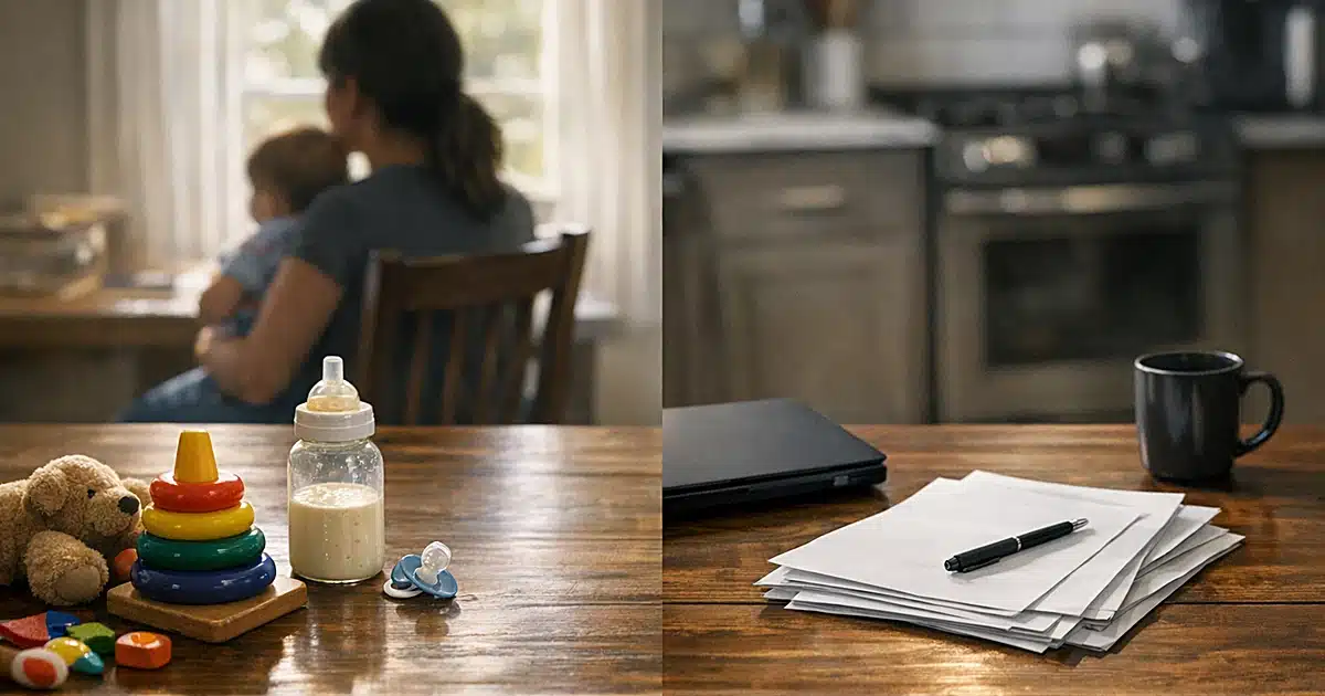 Kitchen table split between children's toys and work materials, showing childcare versus employment tension