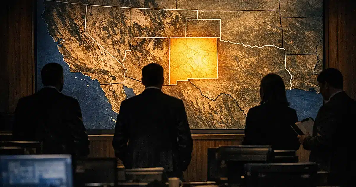 Illuminated map of southwestern United States with silhouetted figures viewing state boundaries in dark operations room